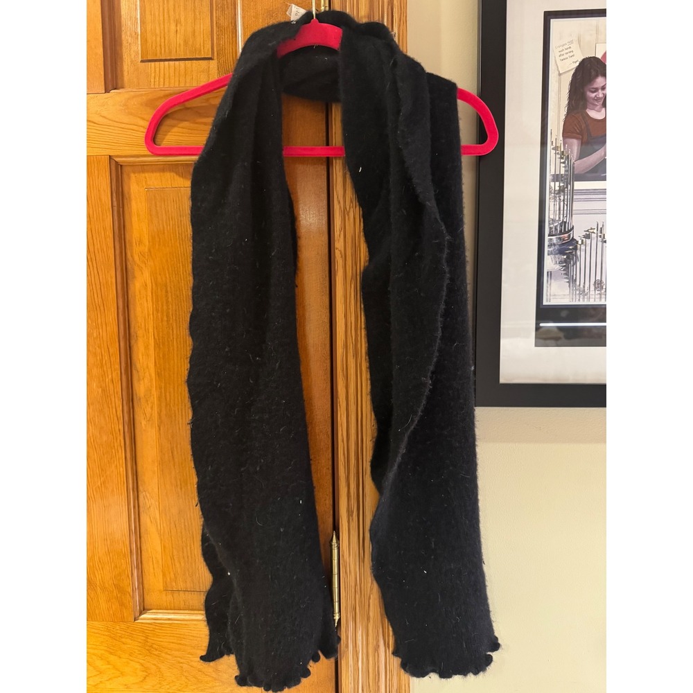 Parkhurst Black Lambswool Angora Blend Knit Scarf Scalloped‎ Edge Made in Canada